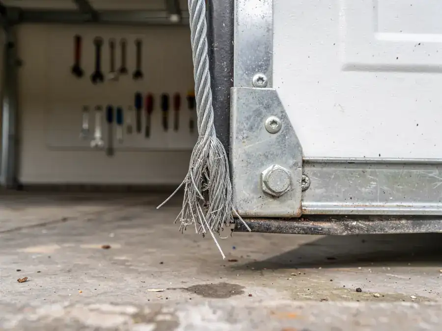 A frayed garage door cable hangs next to a white garage door panel.
