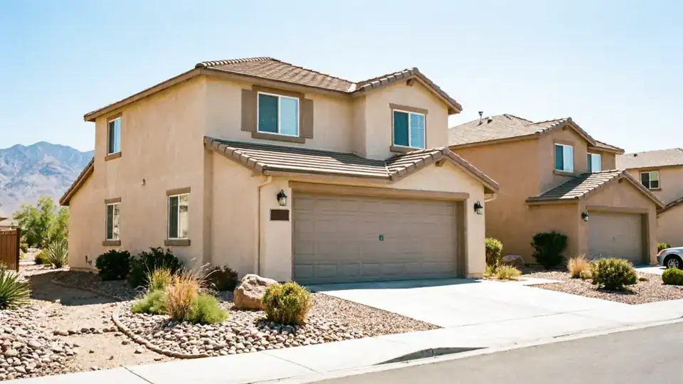 A two-story house with a tan garage door and desert landscaping.
