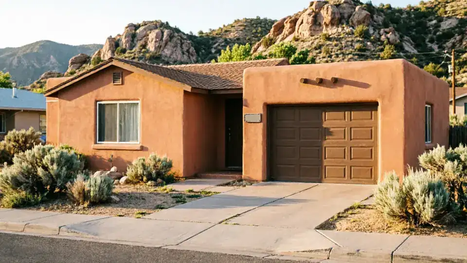 A brown garage door on a stucco house with mountains in the background.