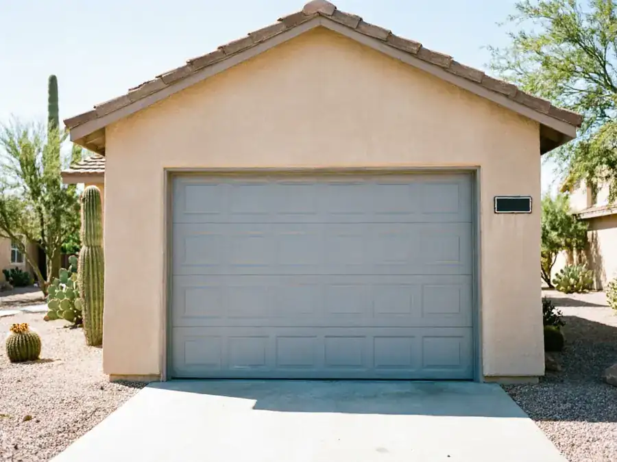 A light gray garage door is on a tan house with desert landscaping.