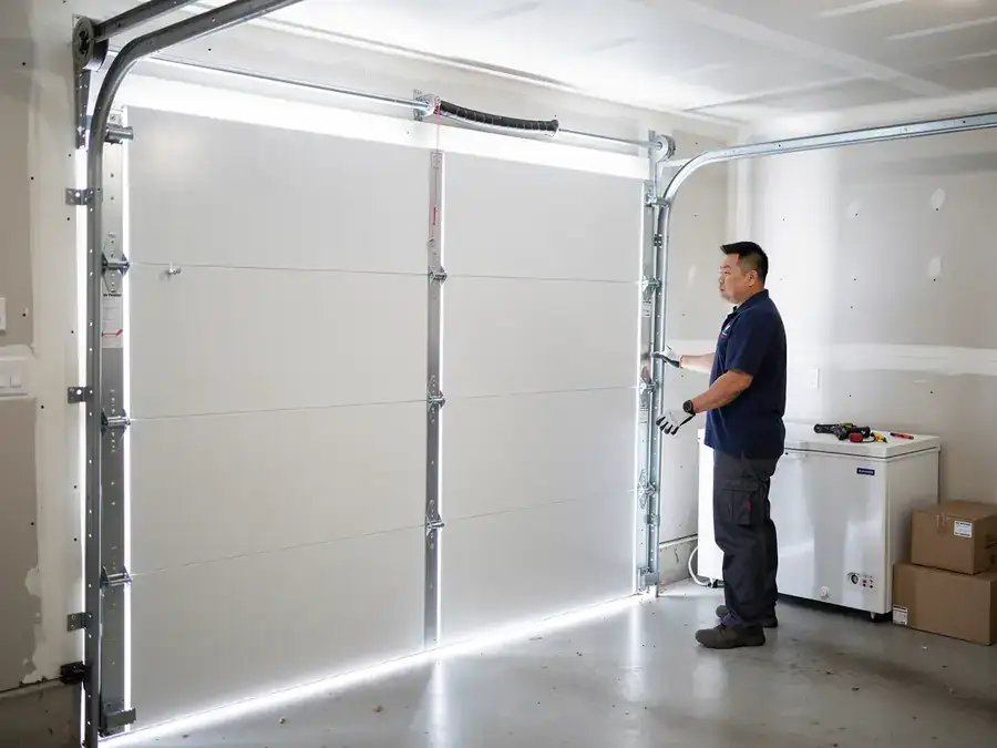 A technician in a blue shirt adjusts a white garage door.