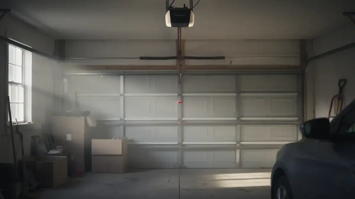 A garage door opener is mounted above a closed garage door with a car parked inside.