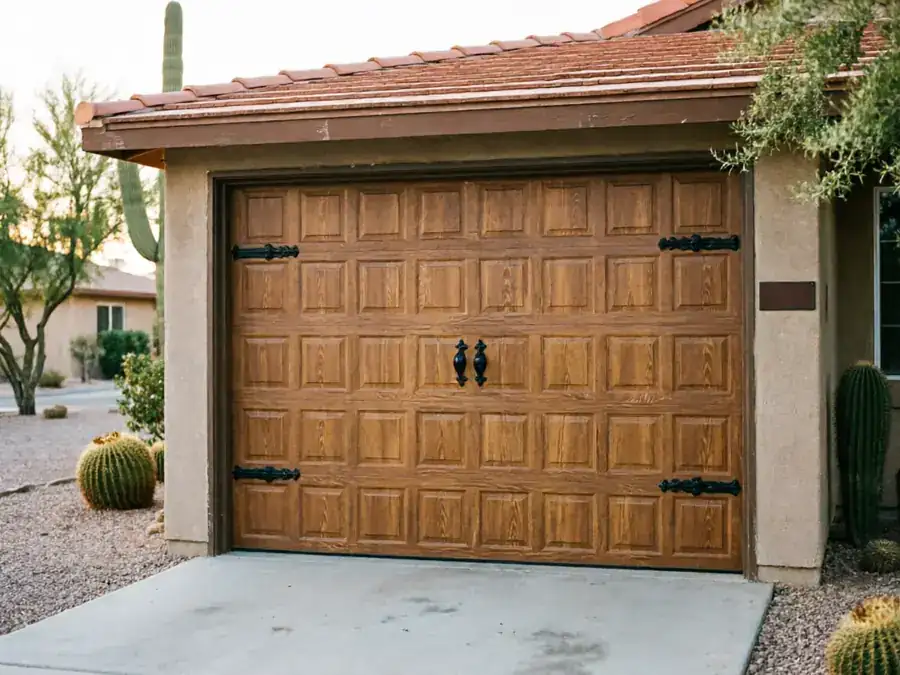 A brown wooden garage door with decorative black hardware on a stucco house.